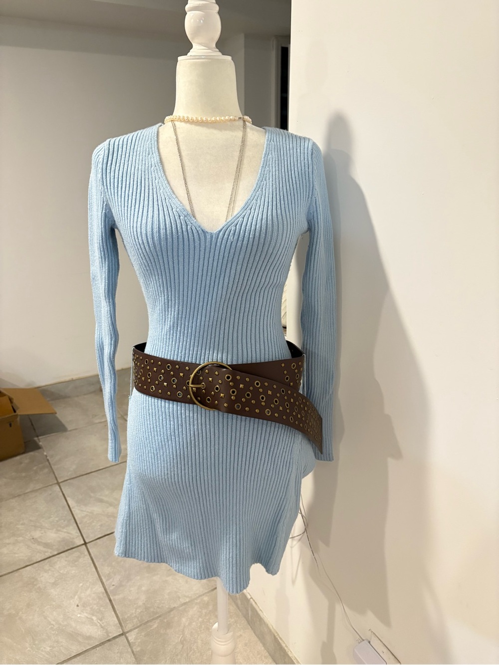 Light Blue Ribbed V-Neck Long Sleeve Knit Dress